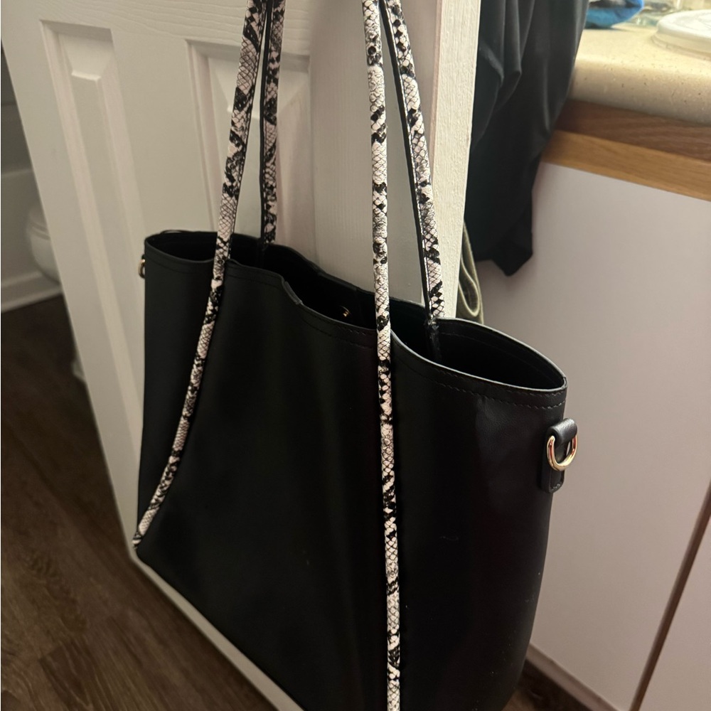 Black Tote Bag with Chain Straps and Textured Material